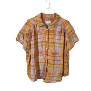 American Eagle Women Orange Plaid Linen Blend Button Up Shirt Oversized M